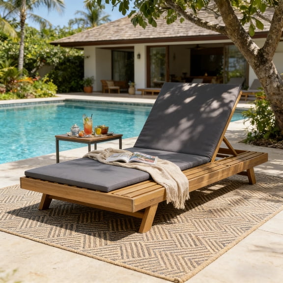 TK Lounge Chaise Set Space Available On One Side Acacia Wood In light brown With Water-Resistant Lounge Cushions (Dark G