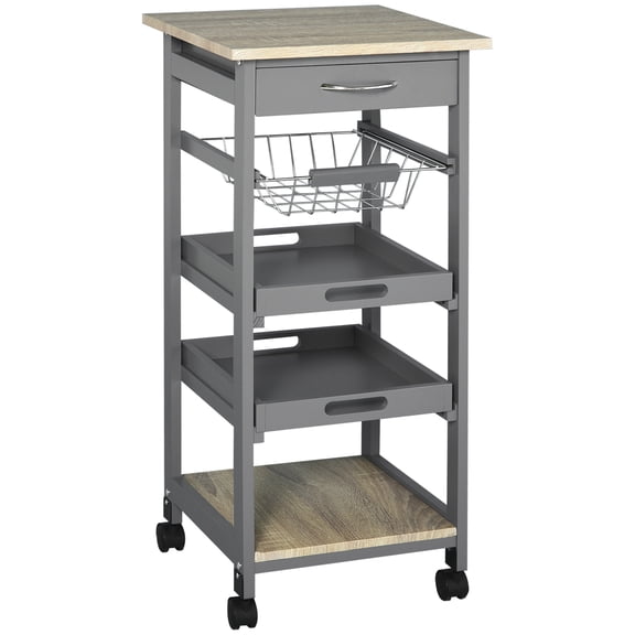 Mobile Rolling Kitchen Island Trolley Serving Cart with Underneath Drawer & Slide-Out Wire Storage Basket Grey