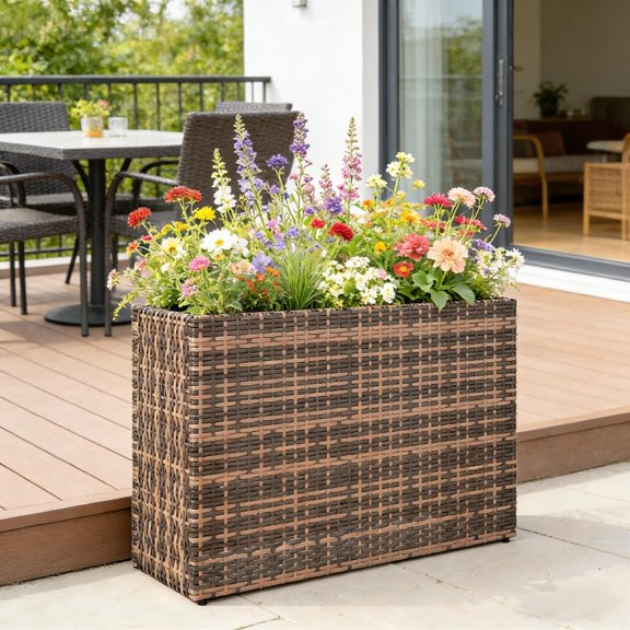 Brown Modern Elevated Planter Box,Raised Garden Bed Steel, Rattan, Modern Style, Adjustable, for Outdoor