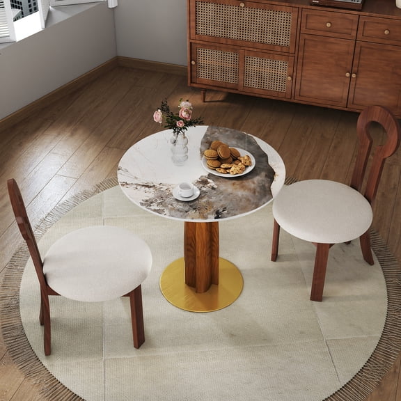 TK Modern Round Dining Table 33.5" Sintered Stone Table with Wooden Leg & Gold Base 2 - Person Kitchen Table for Small Space 150lbs Weight Capacity(On