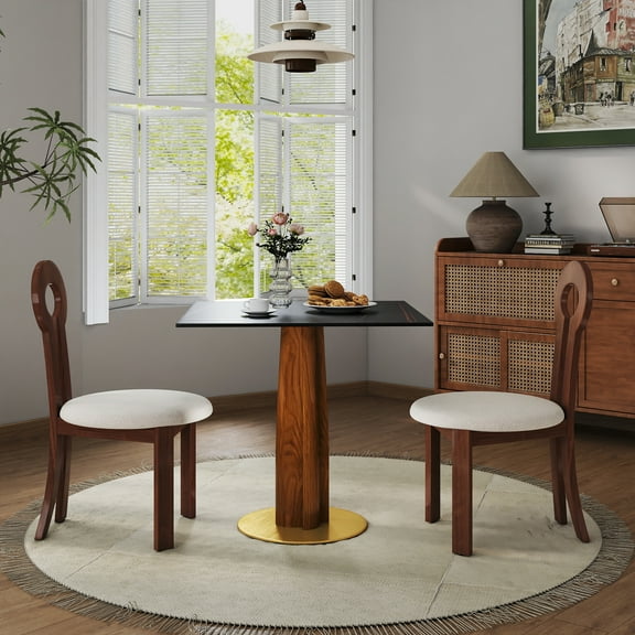 TK Modern Square Dining Table 33.5" Sintered Stone Table with Wooden Leg & Gold Base 2 - Person Kitchen Table for Small Space 150lbs Weight Capacity(O