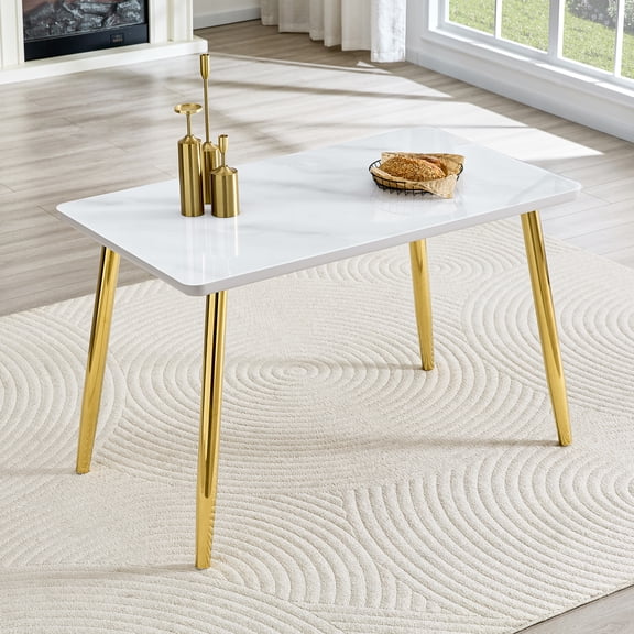 TK Modern minimalist rectangular dining table suItalyble for 4-6 people. Tempered glass countertop+lower MDF board imItalytion marble texture gold met