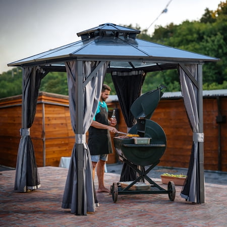 TK Outdoor Grill Gazebo 8 x 8FT Hardtop BBQ Gazebo with UV-Resistant Polycarbonate Roof & Storage Hooks for Patio Lawn Garden