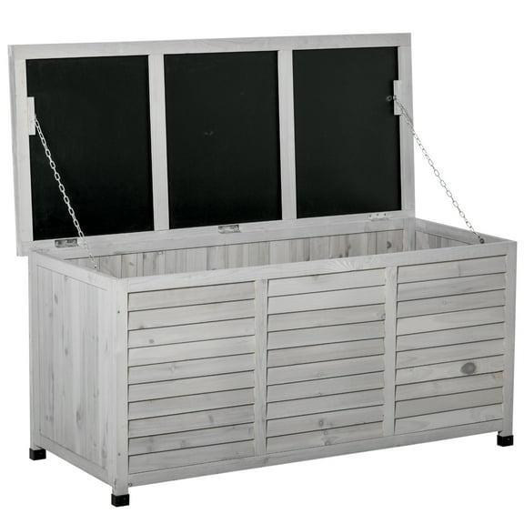 TK Outsunny 75 Gallon Wooden Deck Box Outdoor Storage Container with Aerating Gap & Weather-Fighting Finish Grey