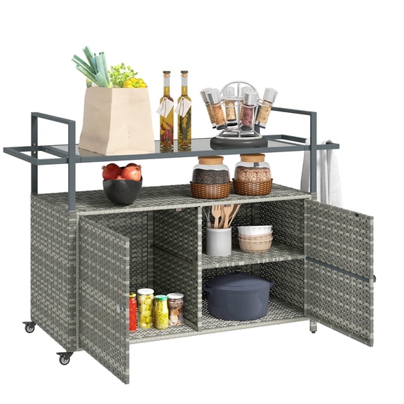TK Outsunny Wicker Outdoor Bar Table with 2-Tier Shelf & Cabinet Mixed Gray