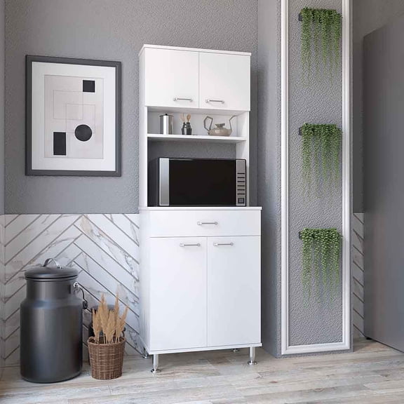 TK Pantry Cabinet 67" H Four Doors One Drawer Three Internal Shelves 2 External Storage Shelves Microwave Storage Option Four Legs White