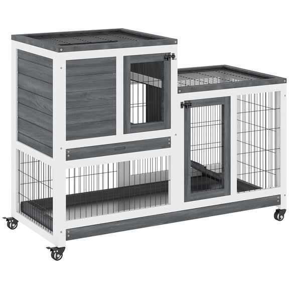 TK PawHut Wooden Rabbit Hutch Elevated Bunny Cage Indoor Small Animal Habitat with Enclosed Run with Wheels Ramp Removab