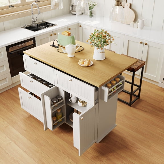 TK [Product Display Video Available]TOPMAX Farmhouse Kitchen Island with Drop Leaf and 2 Seatings Kitchen Table Set with Storage Cabinet Drawers Door