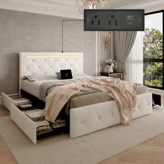 TK Queen Size Bed Frame with LED Light and 4 Storage Drawers PU Upholstered Bed Frame with Adjustable Headboard Diamond Crystal Button Charging Statio