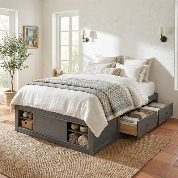 TK Queen Size Platform Bed Frame with 4 Storage Drawers and Footboard Storage Cubby No Headboard Modern Space-Saving Design-Antique Gray