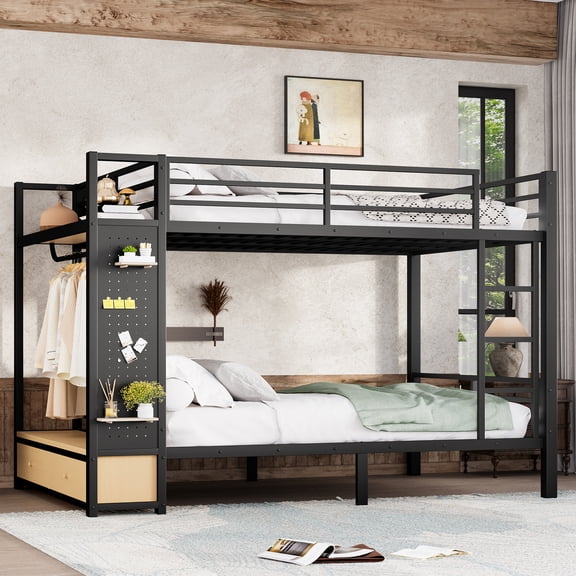 TK Queen over Queen size Metal Bunk Bed for Teens with Storage Shelves ,Drawers and Pegboard,Black