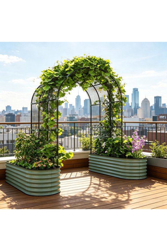 TK Raised Garden Beds Set with Arch Trellis Climbing Net Galvanized Planter Box