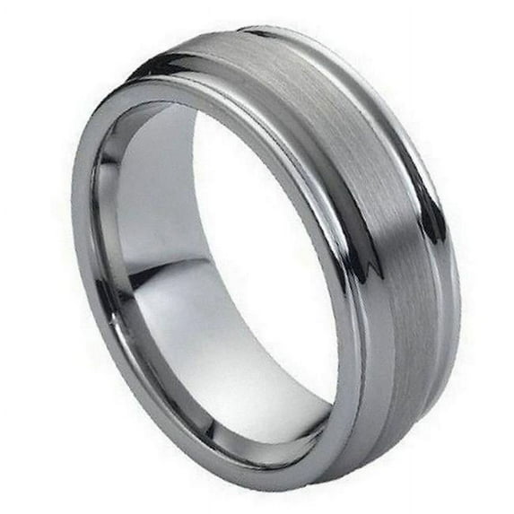 TK Rings 042TR-8mmx6.5 8 mm Flat Brushed Center High Polish Ridged Edge Tungsten Ring - Size 6.5
