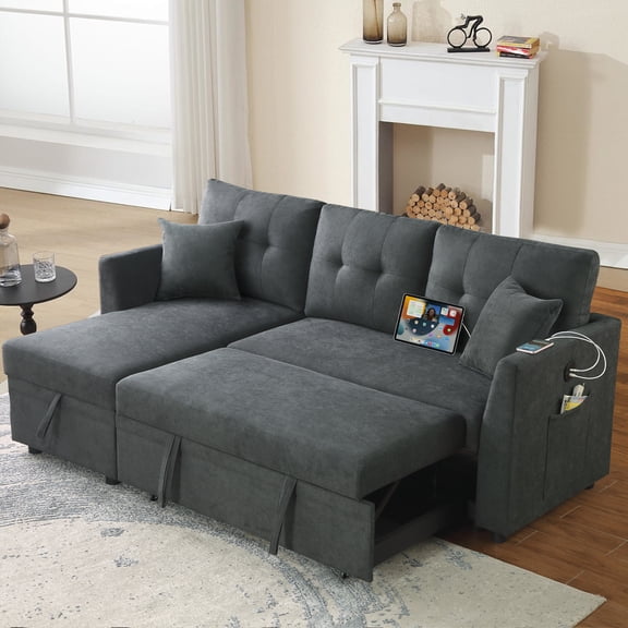 TK Sectional Sofa Bed L-Shaped Sofa Couch Bed with USB Port Reversible Sofa Couch Sleeper with Pull Out Bed Chaise with Storage Pull Out Couch for Liv