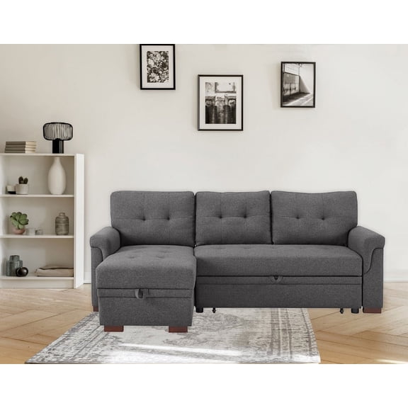 TK Sierra 84" Dark Gray Linen Reversible Sleeper Sectional Sofa with Storage Chaise