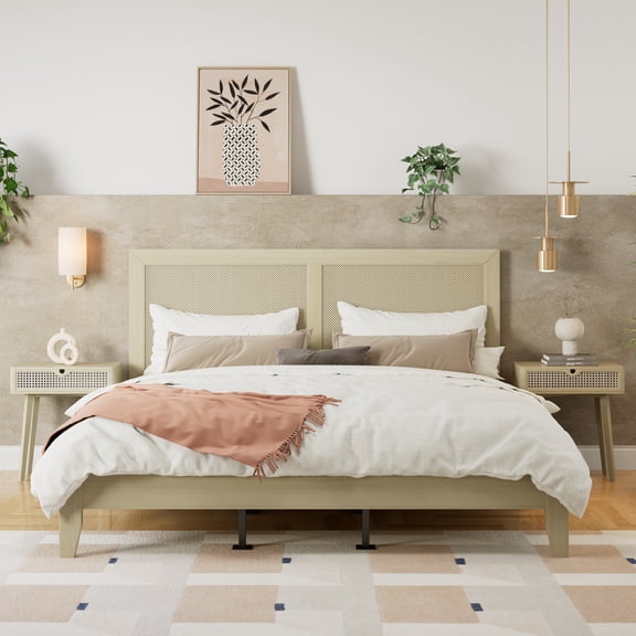 TK Solid Wood Platform King Bed With Rattan