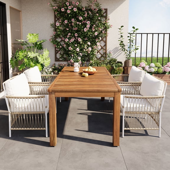 TK TOPMAX Patio 5pcs Wooden Dining Table Set Outdoor 67''L Rectangular Table with 4 Rattan Arm Chairs for Poolside Backyard Garden Natural