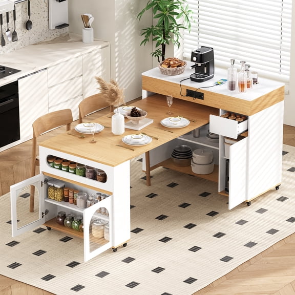 TK TREXM Extendable Dining Table with Extra-Long Folding Top Rolling Kitchen Island with Drawers Power Outlet and Brake lock Storage Cabinet for Kitch