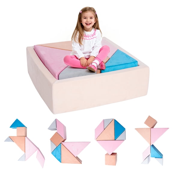 TK Tangram Puzzle Modular Kids Play Couch Buildable Fort & Explorer Sofa with Ball Pit All-Sponge Convertible Playroom Furniture Creative Play Sofa to