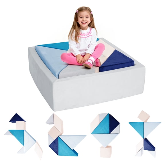 TK Tangram Puzzle Modular Kids Play Couch Buildable Fort & Explorer Sofa with Ball Pit All-Sponge Convertible Playroom Furniture Creative Play Sofa to