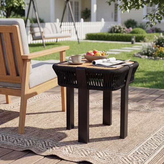 TK Teak Finish Acacia Wood Side Table 120 lbs Capacity Outdoor Patio End Table with Black Rope & Metal Frame Square Acce