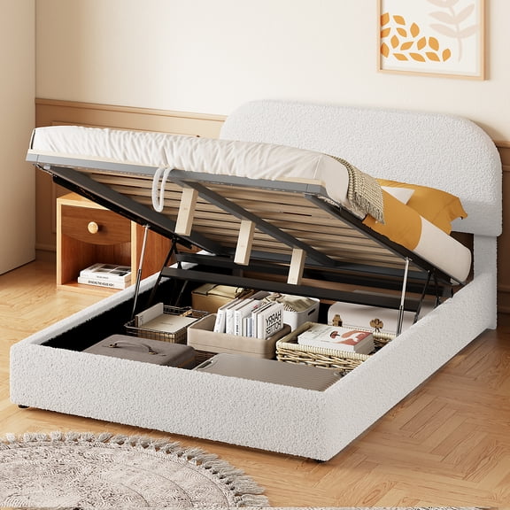 TK Teddy Fleece Full Size Upholstered Platform Bed with Hydraulic Storage System White
