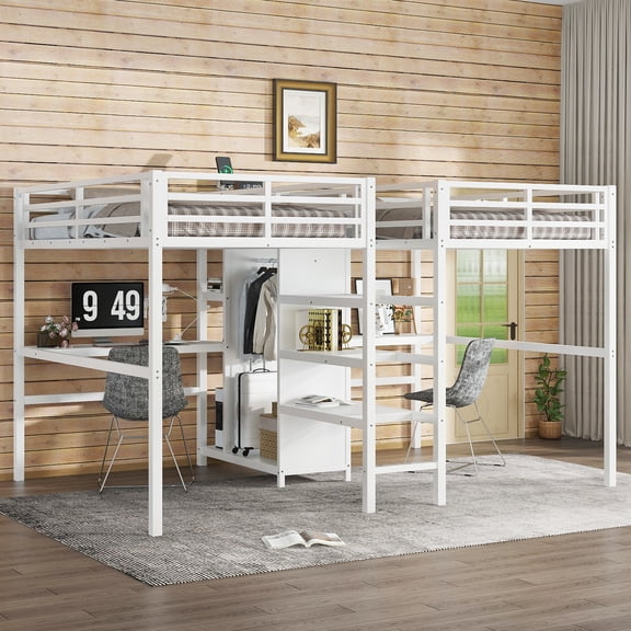 Twin Over Twin Metal Loft Bed with Double Desk and Wardrobe and Shelves with Electrical Outlet for Space Saving and Noise Reduction,White