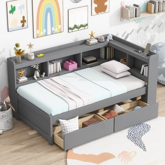 TK Twin Size L-shaped Bookcases Bed with Power Outlets USB Charging Ports,Two Drawers,Grey
