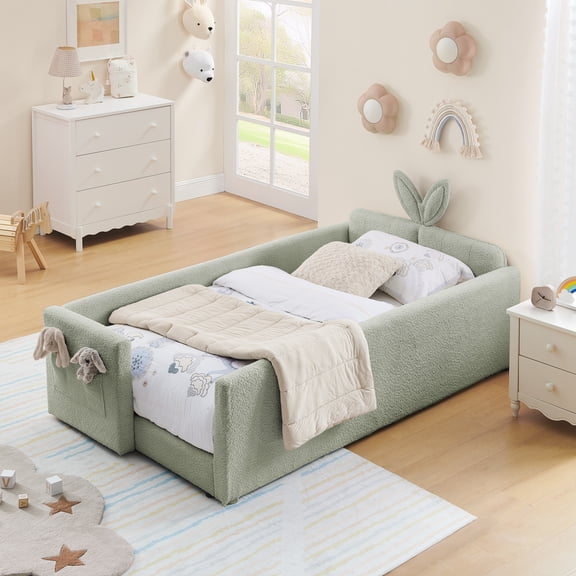 TK Twin Size Upholstered Platform Bed with Cute Rabbit Ear Shaped Headboard with Safety Rail and Pocket Boucle Fabric