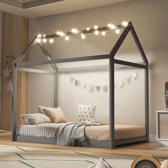 TK Twin Size Wooden House Bed Gray