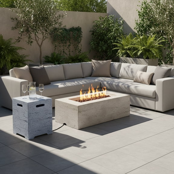 TK U_STYLE 2-in-1 Outdoor Fire Pit & Propane Tank Stand Set,41.9''Outdoor Rectangular Propane Fire Pit 40000 BTU With 15.75''MGO Propane Tank Cover Ta