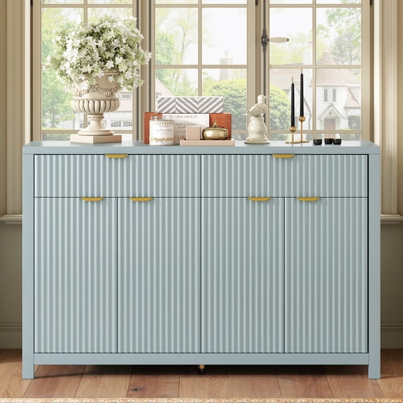 TK U_STYLE Modern 55.1'' Sideboard Buffet Cabinet with 2 Drawers & 4 Doors Adjustable Shelves Wave-Pattern Design Aluminum Handles Painted MDF Scandin
