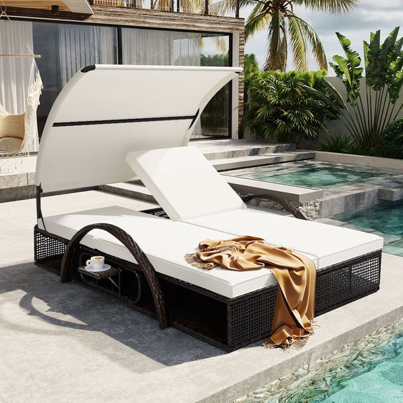 TK U_STYLE Outdoor Steel Frame Sun Lounger with Adjustable Backrest,Patio Double Sunbed with Hidden Side Table and Arched Armrests,SuItalyble for Pati