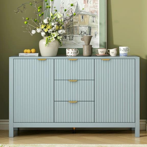 TK U_STYLE Sideboard with Wave Design - 3 Adjustable Shelves 3 Drawers & Soft-Close Doors Storage Console Table with Metal Handles SuItalyble for Stud