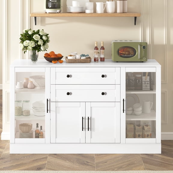 TK U-Style 58.3" Modern Buffet Sideboard with 4 Doors & 2 Drawers Adjustable Shelves Power Outlet Acrylic Panels Aluminum Alloy Handles Storage Cabine