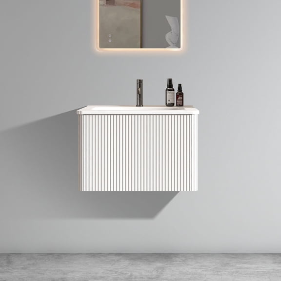 TK U059-Etna24W-301 Etna 24" Striped Soft White Bathroom Vanity with White Ceramic Sink Wall Mounted Floating Bathroom Vanity for Modern Bathroom One-