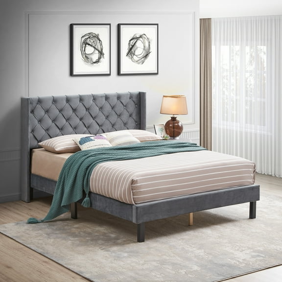 TK Velvet Button Tufted-Upholstered Bed with Wings Design - Strong Wood Slat Support - Easy Assembly - Gray Queen platform bed