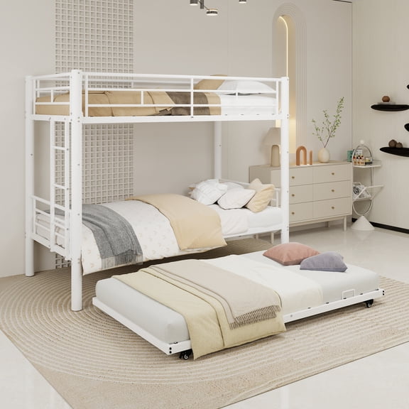 TK White Twin Metal Triple Bunk Bed with Removable Design Durable Iron Structure Separates Into Three Twin Beds Space-Saving Configuration Elegant W