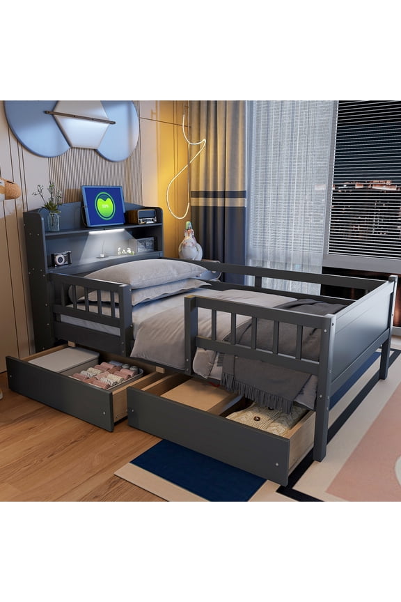TK Wood Twin Size Platform Bed with Built-in LED Light Multi-functional Headboard Guardrail and 2 Drawers Gray