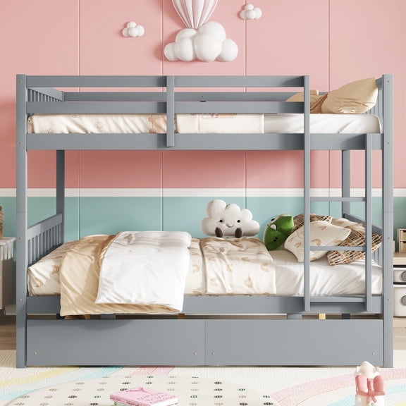 TK full Over full Rubber Wood Bunk Bed with 2 Drawers Convertible into 2 full Beds full Size Bunk Bed with Ladder and Safety Guardrails ,Grey