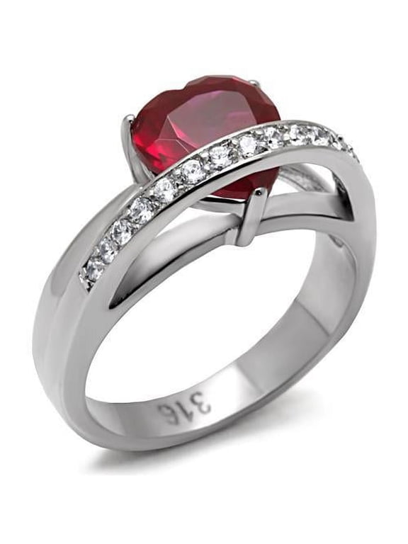 TK089 - High polished (no plating) Stainless Steel Ring with AAA Grade CZ in Ruby