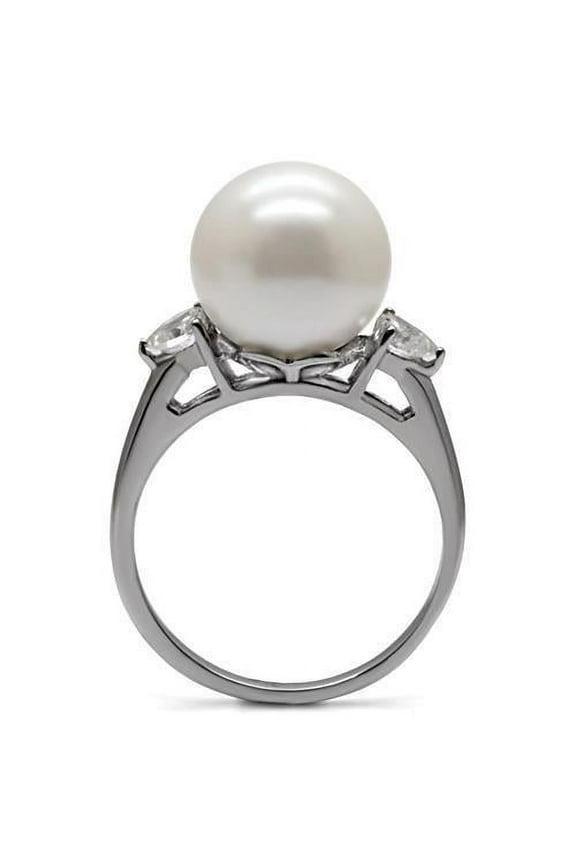High polished (no plating) Stainless Steel Ring with Synthetic Pearl in Aurora Borealis (Rainbow Effect) for Women Style TK090