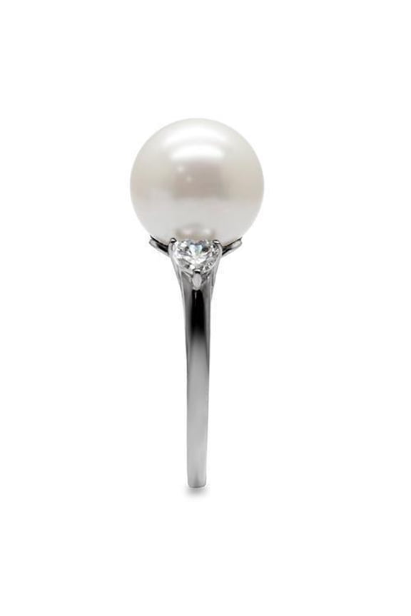 TK090 - High polished (no plating) Stainless Steel Ring with Synthetic Pearl in Aurora Borealis (Rainbow Effect)