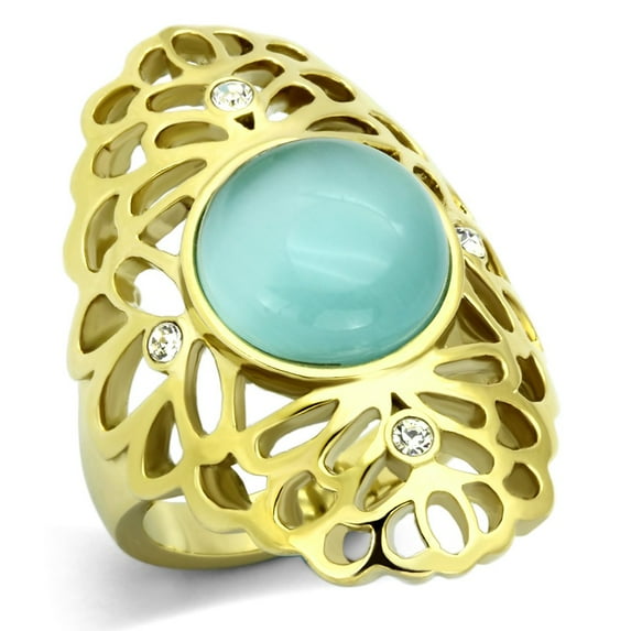 IP Gold(Ion Plating) Stainless Steel Ring with Synthetic Cat Eye in Light Sapphire for Women Style TK1029