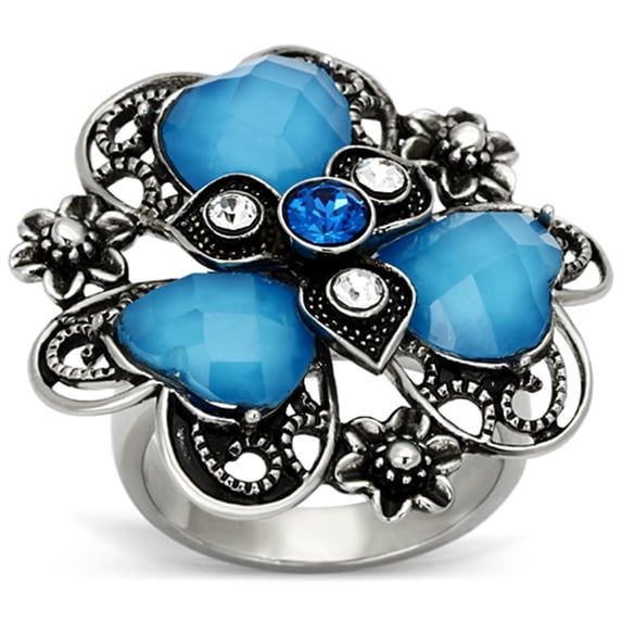 High polished (no plating) Stainless Steel Ring with Synthetic Synthetic Stone in Sea Blue for Women Sea Blue Stone Color Style TK1149 Size 7