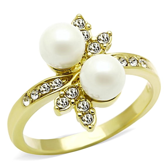 IP Gold(Ion Plating) Stainless Steel Ring with Synthetic Pearl in White for Women White Stone Color Style TK116G Size 9
