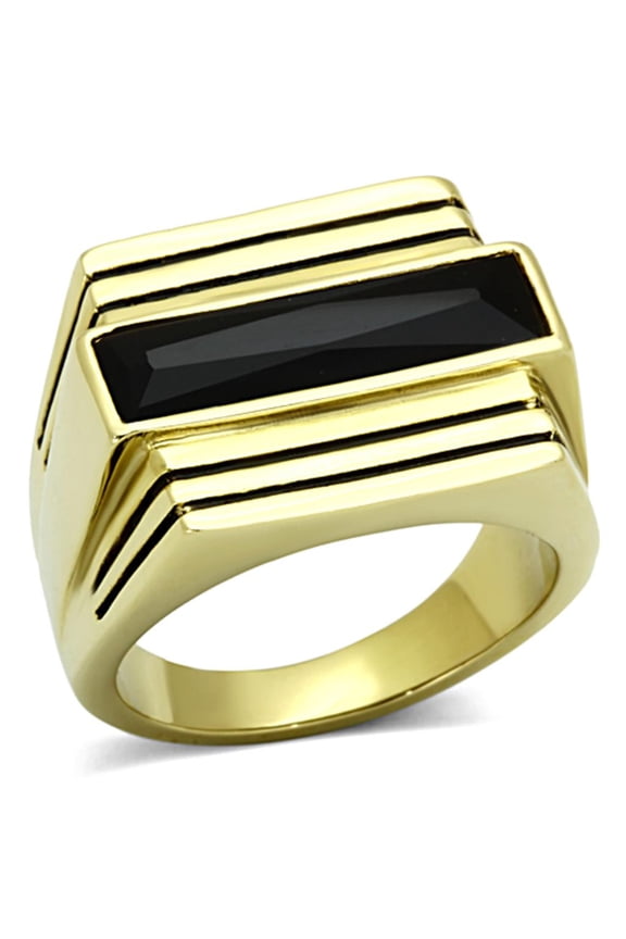 IP Gold(Ion Plating) Stainless Steel Ring with Synthetic Synthetic Glass in Jet for Women Jet Stone Color Style TK1188 Size 9
