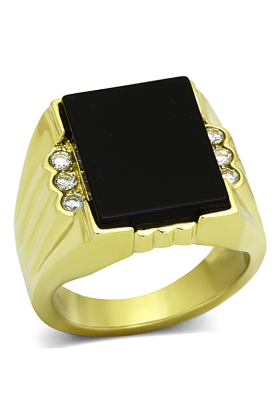 IP Gold(Ion Plating) Stainless Steel Ring with Synthetic Onyx in Jet for Women Jet Stone Color Style TK1236 Size 8