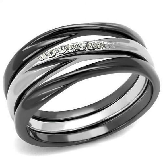 Two Tone IP Light Black (IP Gun) Stainless Steel Ring with Top Grade Crystal in Clear for Women Clear Stone Color Style TK1340PJ Size 6