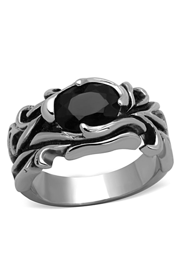 High polished (no plating) Stainless Steel Ring with Synthetic Synthetic Glass in Jet for Women Jet Stone Color Style TK1355 Size 12